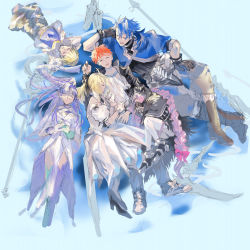 Rule 34 | 3boys, 3girls, arms behind head, artoria pendragon (all), artoria pendragon (fate), blonde hair, blue hair, bow, braid, camouflage, child gilgamesh (fate), cu chulainn (fate), cu chulainn (fate) (all), cu chulainn (fate/prototype), dress, emiya shirou, closed eyes, fate/grand order, fate/hollow ataraxia, fate/prototype, fate/stay night, fate/unlimited codes, fate (series), gilgamesh (fate), hair bow, jacket, light purple hair, long hair, lying, manmaru93, medea (lily) (fate), medusa (fate), medusa (lancer) (fate), medusa (rider) (fate), multiple boys, multiple girls, on side, orange hair, pink hair, polearm, ponytail, rider, saber lily, short hair, single braid, sleeping, very long hair, weapon, white dress