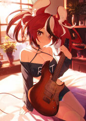 Rule 34 | 1girl, absurdres, animal ear fluff, animal ears, bare shoulders, bedroom, black choker, black shorts, breasts, choker, cleavage, closed mouth, collarbone, crop top, electric guitar, guitar, hakos baelz, highres, holding, holding instrument, hololive, hololive english, indoors, instrument, jiang ye kiri, lens flare, looking at viewer, medium breasts, mouse ears, mouse girl, mouse tail, multicolored hair, on bed, plant, potted plant, shelf, short shorts, shorts, smile, solo, streaked hair, tail, thighs, twintails, vase, virtual youtuber, window