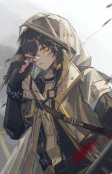 Rule 34 | 1boy, animal ears, arknights, ayerscarpe (arknights), bandaid, bandaid on face, bandaid on nose, black gloves, black hair, blonde hair, blood, cuts, earclip, ears down, fingerless gloves, gloves, highres, hood, hood up, hooded jacket, injury, jacket, layered sleeves, lightning bolt symbol, long sleeves, looking at viewer, male focus, motion blur, multicolored hair, one eye covered, open clothes, open jacket, orange eyes, parted lips, rabbit boy, rabbit ears, rubbing eyes, shieryue164, short hair, short over long sleeves, short sleeves, solo, streaked hair, upper body, white background, wristband