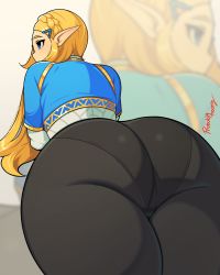 Rule 34 | 1girl, alternate eye color, ass, ass focus, blonde hair, blue eyes, close-up, from behind, highres, huge ass, long hair, looking at viewer, looking back, nintendo, panties, pants, pointy ears, princess zelda, probablynoon, skin tight, solo, the legend of zelda, the legend of zelda: breath of the wild, thick thighs, thighs, tight clothes, tight pants, underwear, wide hips