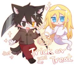 1boy 1girl animal_ears bandages black_eyes black_hair blonde_hair blue_eyes blush_stickers brown_footwear brown_hoodie candy commentary fang food ghost hair_between_eyes halftone heterochromia highres holding holding_scythe holding_weapon hood hoodie isaac_foster jack-o&#039;-lantern jacket long_hair looking_at_viewer open_mouth pants pocket rachel_gardner red_pants satsuriku_no_tenshi scythe sparkle symbol-only_commentary tail triangle_mouth trick_or_treat tsz_ju2mao1 weapon white_background white_jacket wolf_ears wolf_tail yellow_eyes zipper