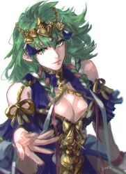 Rule 34 | 1girl, bare shoulders, blue dress, braid, breasts, byleth (female) (fire emblem), byleth (fire emblem), cleavage, closed mouth, commentary request, cosplay, detached sleeves, dress, fire emblem, fire emblem: three houses, green eyes, green hair, highres, large breasts, long sleeves, looking at viewer, medium hair, nintendo, official alternate costume, red ribbon, ribbon, ribbon braid, ruminasu sora, simple background, solo, sothis (fire emblem), sothis (fire emblem) (cosplay), tiara, twin braids, upper body, white background, white ribbon