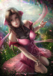 Rule 34 | 1girl, aerith gainsborough, artist name, axsen, basket, black choker, bracelet, breasts, brown hair, choker, closed mouth, day, dress, final fantasy, final fantasy vii, final fantasy vii remake, fingernails, forehead, from above, full body, green eyes, hand on own thigh, highres, jacket, jewelry, large breasts, long fingernails, long hair, looking at viewer, looking up, meadow, off shoulder, on grass, on ground, open clothes, open jacket, outdoors, petals, pink dress, red jacket, short sleeves, signature, sitting, smile, solo, sunlight, tri braids, wariza, watermark, web address