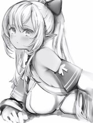 Rule 34 | 1girl, blush, breasts, closed mouth, dark-skinned female, dark skin, from side, greyscale, highres, hololive, large breasts, looking at viewer, looking to the side, lying, monochrome, nanashi (nlo), on stomach, ponytail, shiranui flare, shiranui flare (1st costume), simple background, solo, virtual youtuber, white background