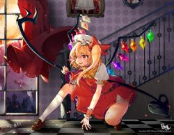 Rule 34 | 1girl, artist logo, artist name, belt, blonde hair, blood, blood on hands, bloomers, bow, bowtie, breasts, brown footwear, checkered floor, curtains, fangs, flandre scarlet, hair bow, hat, indoors, kneehighs, laevatein, medium hair, mob cap, open mouth, pikatsu, portrait (object), puffy short sleeves, puffy sleeves, red eyes, red skirt, red vest, shoes, short sleeves, side ponytail, skirt, skirt set, small breasts, socks, solo, squatting, stairs, thighs, touhou, underwear, vest, watermark, white hat, white socks, window, wings, wrist cuffs, yellow bow, yellow bowtie