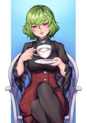 Rule 34 | 1girl, absurdres, black pantyhose, button up skirt, chair, commission, crossed legs, cup, feet out of frame, green hair, high-waist skirt, highres, holding, holding cup, holding saucer, kazami yuuka, legs, mefomefo, pantyhose, parted lips, plaid, plaid skirt, red eyes, saucer, short hair, sitting, skirt, teacup, touhou