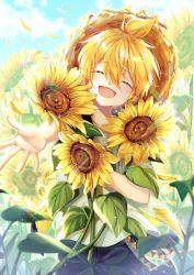 Rule 34 | 1boy, :d, absurdres, aged down, belt, blonde hair, blue sky, blush, closed eyes, cloud, commentary, cowboy shot, day, facing viewer, falling leaves, field, flower, flower field, hat, highres, holding, holding flower, kagamine len, leaf, lens flare, light blush, male focus, open mouth, outdoors, pants, petals, plant, rainbow, reaching, reaching towards viewer, short hair, short sleeves, sky, smile, spiked hair, standing, straw hat, sunflower, sunflower field, vocaloid, yukkurin
