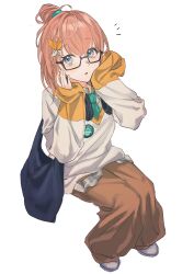 Rule 34 | 1girl, badge, bag, baggy pants, bespectacled, black-framed eyewear, blue bag, braid, brown hair, brown pants, button badge, chinese commentary, collared shirt, commentary request, full body, glasses, green necktie, grey eyes, grey shirt, hair ornament, hanasato minori, hand on own cheek, hand on own face, hands up, headphones, headphones around neck, highres, light blush, long sleeves, looking at viewer, medium hair, necktie, notice lines, pants, parted lips, plaid, plaid shirt, ponytail, project sekai, semi-rimless eyewear, shirt, shoes, simple background, sitting, sleeves past wrists, solo, sweater, tote bag, two-tone footwear, under-rim eyewear, white background, white footwear, white sweater, yama37427989191, yellow sweater, zozotown