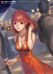Rule 34 | 1girl, adjusting hair, alcohol, bad id, bad pixiv id, bare shoulders, breasts, brown eyes, cleavage, cocktail dress, cup, dress, drinking glass, dutch angle, face, hair flip, jewelry, krenz, long hair, medium breasts, necklace, original, party, red hair, smile, solo focus, wine, wine glass