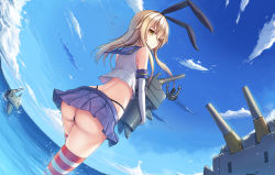 Rule 34 | &gt; &lt;, 10s, 1girl, anchor, ass, black panties, blonde hair, blue sky, carrying, closed eyes, cloud, contrail, day, dutch angle, elbow gloves, fisheye, gloves, hairband, kantai collection, long hair, looking at viewer, looking back, nian (zhanian), ocean, outdoors, panties, pantyshot, partially submerged, personification, rensouhou-chan, shimakaze (kancolle), skirt, sky, socks, striped clothes, striped thighhighs, thighhighs, thong, underwear, upskirt, wading, water, whale tail (clothing), white gloves, yellow eyes