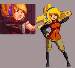 Rule 34 | 1girl, blonde hair, boots, brown eyes, commentary, comparison, contrapposto, culottes, half updo, hand on own hip, headphones, huge weapon, jacket, joakim sandberg, knee boots, lips, long hair, pixel art, robin (the iconoclasts), solo, standing, the iconoclasts, weapon, wrench