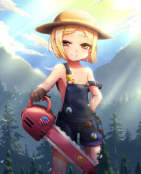 Rule 34 | 1girl, amei (a6872554), areola slip, bare shoulders, blonde hair, blush, chainsaw, day, fate/grand order, fate (series), flat chest, giant, giantess, gloves, hat, highres, legs apart, looking at viewer, naked overalls, nipple slip, nipples, off shoulder, outdoors, overalls, parted bangs, paul bunyan (fate), paul bunyan (third ascension) (fate), sexually suggestive, shiny skin, short hair, smile, smug, solo, standing, strap slip, weapon, yellow eyes