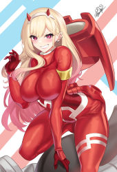 Rule 34 | 1girl, absurdres, blonde hair, bodysuit, breasts, cosplay, darling in the franxx, ear piercing, highres, impossible bodysuit, impossible clothes, kitagawa marin, large breasts, long hair, looking at viewer, nez-box, piercing, plugsuit, red eyes, smile, solo, sono bisque doll wa koi wo suru, thick thighs, thighs, zero two (darling in the franxx), zero two (darling in the franxx) (cosplay)