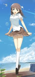 Rule 34 | 10s, 1girl, aircraft, airplane, bag, beach, black eyes, blush, brown hair, clothes lift, cloud, contrail, day, flower, hair flower, hair ornament, kneehighs, kyouno madoka, lens flare, long hair, looking at viewer, md5 mismatch, nauribon, open mouth, outdoors, panties, pleated skirt, resolution mismatch, rinne no lagrange, sand, skirt, skirt lift, sky, socks, solo, source larger, tiptoes, underwear, upskirt, watch, water, white socks