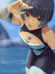 Rule 34 | 1girl, :d, bare shoulders, black hair, blue hair, blush, breasts, brown eyes, cleavage, cleavage cutout, clothing cutout, cowboy shot, dark-skinned female, dark skin, detached sleeves, gradient hair, highres, leaning forward, long sleeves, looking at viewer, multicolored hair, open mouth, sena (xenoblade), short hair, skin tight, small breasts, smile, solo, xenoblade chronicles (series), xenoblade chronicles 3, yamamori kinako