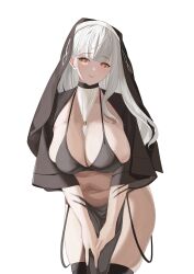 Rule 34 | 1girl, absurdres, black headwear, black thighhighs, blush, breasts, cleavage, closed mouth, cowboy shot, grey hair, highres, large breasts, long hair, looking at viewer, nun, original, pelvic curtain, red eyes, sideboob, simple background, smile, solo, thighhighs, thighs, tnr (horiko1525), white background
