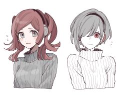 Rule 34 | 2girls, blush stickers, brown hair, cropped torso, grey eyes, grey hair, hair over one eye, headphones, jewelry, long hair, maco22, multiple girls, necklace, open mouth, original, red eyes, short hair, smile, sweater, twintails