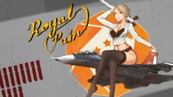Rule 34 | 1girl, ace combat, ace combat 7: skies unknown, air supreriority fighter, black bra, black panties, black thighhighs, blonde hair, blue eyes, bra, braid, breasts, cleavage, commentary request, crossed legs, crown braid, english text, feet out of frame, fighter aircraft, highres, holding, holding weapon, interdictor, jacket, kowaremashita, legs, long sleeves, multirole combat aircraft, namco, no pants, nose art, panties, rosa cossette d&#039;elise, sitting, star (symbol), su-30, thighhighs, thighs, underwear, weapon, white jacket