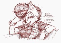 Rule 34 | 1girl, bracelet, commentary, earrings, english commentary, english text, furry, furry female, half-closed eyes, jacket, jewelry, koud3x, looking at viewer, monochrome, open mouth, piercing, sally acorn, sega, short hair, smile, sonic (series), sonic the hedgehog (archie comics), teeth, tongue