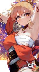 Rule 34 | 1girl, arm tattoo, armpits, arms behind head, arms up, blonde hair, breasts, chest tattoo, commentary, eyelashes, fireworks, genshin impact, hair ornament, highres, japanese clothes, kashu (hizake), kimono, looking to the side, makeup, night, night sky, obi, orange eyes, outdoors, parted lips, sarashi, sash, short sleeves, single bare shoulder, sky, smile, solo, sweat, symbol-only commentary, tattoo, underboob, upper body, vision (genshin impact), yoimiya (genshin impact)