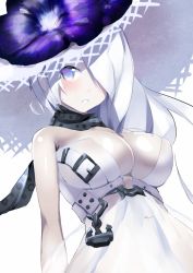 Rule 34 | 10s, 1girl, abyssal ship, blue eyes, breasts, cleavage, colored skin, dress, flower, hair over one eye, hat, hat flower, henet hene, kantai collection, large breasts, long hair, looking at viewer, seaport summer princess, simple background, solo, sun hat, white dress, white hair, white skin