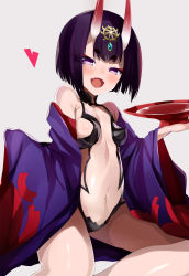 Rule 34 | 1girl, :d, alcohol, blush, bob cut, breasts, cup, fangs, fate/grand order, fate (series), heart, highres, horns, looking at viewer, navel, oni, open mouth, purple eyes, purple hair, sakazuki, sake, shimejinameko, short hair, shuten douji (fate), shuten douji (first ascension) (fate), small breasts, smile, solo