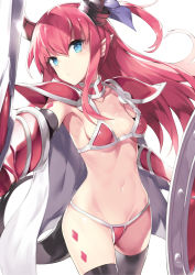 Rule 34 | 1girl, :&lt;, armor, bikini armor, black thighhighs, blue eyes, breasts, cape, closed mouth, cowboy shot, curled horns, elizabeth bathory (brave) (fate), elizabeth bathory (fate), fate/grand order, fate (series), female focus, groin, highres, holding, holding shield, holding sword, holding weapon, horns, long hair, looking at viewer, mafu9, midriff, navel, pauldrons, pointy ears, red hair, revealing clothes, serious, shield, shoulder armor, sideboob, simple background, small breasts, solo, standing, stomach, sword, thighhighs, two side up, type-moon, v-shaped eyebrows, vambraces, very long hair, weapon, white background, white cape