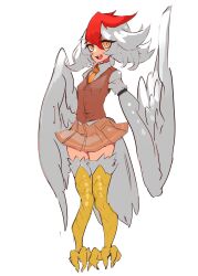 Rule 34 | 100maru, 1girl, bird legs, bird tail, brown skirt, brown vest, commentary request, feathers, full body, harpy, highres, long hair, looking at viewer, monster girl, multicolored hair, neck fur, open mouth, orange eyes, original, red hair, shirt, simple background, skirt, solo, tail, talons, teeth, thighhighs, two-tone hair, upper teeth only, vest, white feathers, white hair, white shirt, white wings, wings, zettai ryouiki