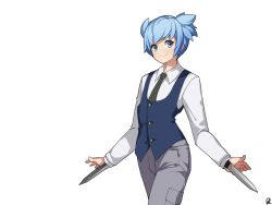 Rule 34 | 1boy, ansatsu kyoushitsu, blue eyes, blue hair, blue vest, closed mouth, collared shirt, commentary request, grey pants, concealed weapon, looking at viewer, male focus, necktie, pants, rheez, shiota nagisa, shirt, short twintails, signature, simple background, smile, solo, standing, twintails, two side up, vest, weapon, white background, white shirt, wrist blades