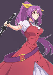 Rule 34 | 1girl, belt, bow, breasts, highres, holding, holding sword, holding weapon, kakone, katana, large breasts, long hair, looking at viewer, one-hour drawing challenge, outline, ponytail, puffy sleeves, purple hair, red eyes, ribbon, short sleeves, solo, sword, touhou, very long hair, watatsuki no yorihime, weapon, white outline