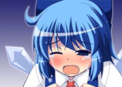 Rule 34 | 1girl, ahoge, blue eyes, blue hair, blush, bow, cirno, crying, crying with eyes open, fang, gradient background, hair bow, masiromu, matching hair/eyes, one eye closed, open mouth, portrait, ribbon, short hair, solo, streaming tears, teardrop, tears, touhou, upper body, wings