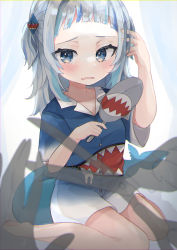 Rule 34 | 1girl, absurdres, bare legs, barefoot, blouse, blue eyes, blue hair, blue shirt, blunt bangs, blush, bottomless, breasts, collarbone, cutting hair, fins, fish tail, gawr gura, gradient clothes, hair ornament, hand fan, hand on hair, highres, hololive, hololive english, holomyth, multicolored hair, mutsumi326, pig tail, pov, pov hands, scissors, shark tail, shirt, simple background, sitting, small breasts, solo, tail, two-tone hair, virtual youtuber, wariza, wavy mouth, white hair