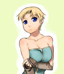 Rule 34 | 1girl, alternate hairstyle, bad id, bad pixiv id, bare shoulders, blonde hair, blue eyes, body blush, breasts, cleavage, female focus, final fantasy, final fantasy tactics, fingerless gloves, gloves, large breasts, monk (fft), short hair, solo, tsukudani (coke-buta)
