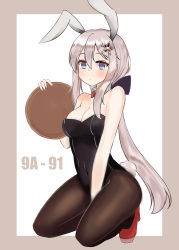 Rule 34 | 1girl, 9a-91 (girls&#039; frontline), absurdres, animal ears, black leotard, bow, bowtie, breasts, brown pantyhose, character name, cla (finesoda), cleavage, detached collar, fake animal ears, girls&#039; frontline, high heels, highres, leotard, long hair, medium breasts, pantyhose, playboy bunny, rabbit ears, rabbit girl, rabbit tail, red bow, red bowtie, red footwear, solo, squatting, strapless, strapless leotard, tail, tray, very long hair, wrist cuffs