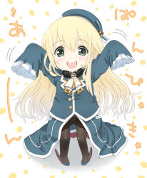 Rule 34 | 1girl, aged down, ascot, atago (kancolle), beret, black pantyhose, blonde hair, blue hat, green eyes, hat, kantai collection, kujira naoto, long hair, looking at viewer, military, military uniform, open mouth, oversized clothes, pan-pa-ka-paaan!, pantyhose, round teeth, sleeves past fingers, sleeves past wrists, solo, teeth, uniform, upper teeth only, white ascot