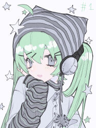 Rule 34 | 1girl, ahoge, am314, animal hat, blush, cat hat, collared shirt, green hair, grey eyes, hair ornament, hairclip, hand on own cheek, hand on own face, hat, headphones, highres, layered shirt, layered sleeves, long hair, long sleeves, open mouth, original, pom pom (clothes), shirt, short over long sleeves, short sleeves, smile, solo, star (symbol), striped clothes, striped headwear, striped shirt, striped sleeves, turtleneck, twintails