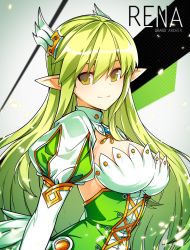 Rule 34 | 1girl, bad id, bad twitter id, breasts, character name, closed mouth, corset, cross-laced clothes, detached collar, dress, elf, elsword, from side, gloves, grand archer (elsword), green dress, green eyes, green hair, hair between eyes, hair ornament, hair wings, head wings, highres, hwansang, juliet sleeves, large breasts, long hair, long sleeves, looking at viewer, pointy ears, puffy long sleeves, puffy sleeves, rena erindel, smile, solo, very long hair, white gloves, wings