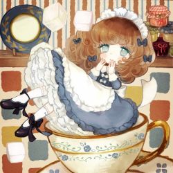 Rule 34 | 1girl, apron, bad id, bad pixiv id, black footwear, blue and white pottery, blue dress, blue eyes, blush, bow, brown hair, colored eyelashes, cup, curly hair, dress, eyelashes, hair bow, hair ribbon, hand to own mouth, hands up, in container, in cup, jam, jar, long hair, long sleeves, looking at viewer, maid, maid headdress, mini person, minigirl, no pupils, original, petticoat, plate, ribbon, saucer, shoes, skirt, socks, solo, sugar cube, teacup, waist apron, waitress, white socks, yujup