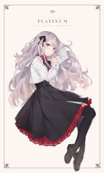Rule 34 | 1girl, absurdres, artist name, blue eyes, bow, bowtie, full body, grey hair, high-waist skirt, highres, kobuta, long hair, long sleeves, looking at viewer, original, pantyhose, shoes, simple background, skirt, solo, symbol-only commentary, watermark, white background