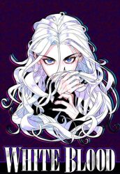 Rule 34 | 1girl, albino, black shirt, blue eyes, hands up, long sleeves, looking at viewer, park hayan, purple background, shirt, unholy blood, white hair