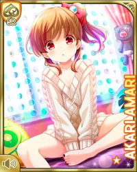 Rule 34 | 1girl, :o, amari akari, barefoot, bedroom, bottomless, brown hair, card, character name, girlfriend (kari), indoors, nail polish, official art, open mouth, qp:flapper, red eyes, sitting, solo, stuffed animal, stuffed toy, sweater, tagme, teddy bear, white sweater