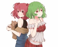 Rule 34 | 2girls, :t, adapted costume, back-to-back, bad id, bad pixiv id, bag, baguette, bare shoulders, black shirt, blue dress, blush, bra strap, bread, breasts, commentary, cowboy shot, cup, disposable cup, dress, drinking straw, food, frills, green eyes, green hair, grocery bag, hair between eyes, hair bobbles, hair ornament, hand up, highres, holding, holding cup, index finger raised, kazami yuuka, looking at viewer, looking back, medium breasts, midriff peek, multiple girls, off-shoulder shirt, off shoulder, onozuka komachi, plaid, plaid shirt, plaid shorts, red eyes, red hair, red shirt, red shorts, shirt, shopping bag, short dress, short hair, shorts, simple background, sleeveless, sleeveless shirt, smile, standing, symbol-only commentary, touhou, two side up, white background, yukome
