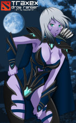 Rule 34 | 1girl, absurdres, arrow (projectile), breasts, cleavage, dark elf, defense of the ancients, dota (series), drow ranger, drow ranger (dota), elf, highres, large breasts, long hair, moon, night, pointy ears, solo, standing, white hair