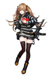 Rule 34 | 1girl, :3, :d, black footwear, black scarf, black shorts, black thighhighs, blush, boots, box, brown hair, full body, gift, girls&#039; frontline, gun, gun sling, h&amp;k ump, hair ornament, hairclip, hands up, heart-shaped box, heckler &amp; koch, holding, holding gift, long hair, looking at viewer, official alternate costume, open mouth, red eyes, scarf, short shorts, shorts, sidelocks, simple background, smile, solo, standing, striped clothes, striped sweater, submachine gun, sweater, thighhighs, thighs, twintails, ump9 (&quot;am i late?&quot;) (girls&#039; frontline), ump9 (girls&#039; frontline), valentine, very long hair, weapon, white background, zagala