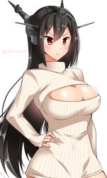 Rule 34 | 10s, 1girl, black hair, blush, breasts, cleavage, cleavage cutout, closed mouth, clothing cutout, curvy, hand on own hip, headgear, kantai collection, large breasts, long hair, long sleeves, meme attire, motion lines, nagato (kancolle), open-chest sweater, red eyes, simple background, sleeves past wrists, solo, standing, sweater, turtleneck, twitter username, upper body, white background, wide hips, yuuki hb