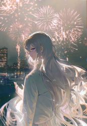 Rule 34 | 1boy, aerial fireworks, bishounen, building, cael anselm, chinese commentary, city, city lights, cityscape, commentary request, eyelashes, fireworks, hair between eyes, hand up, highres, jacket, long hair, long sleeves, looking at viewer, looking to the side, lovebrush chronicles, male focus, night, outdoors, parted lips, profile, purple eyes, sidelocks, sideways glance, sky, solo, upper body, very long hair, wanyou, water, white hair, white jacket, yexuan