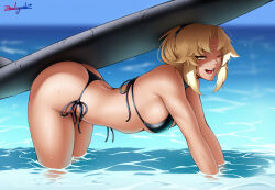 Rule 34 | 1girl, all fours, arched back, artoria pendragon (all), ass, bikini, black bikini, black scrunchie, blonde hair, breasts, fate/grand order, fate (series), holding, holding surfboard, looking at viewer, mordred (fate), mordred (fate) (all), mordred (swimsuit rider) (fate), ocean, one eye closed, panties, partially submerged, ponytail, saber alter, scrunchie, side-tie panties, sky, smile, solo, surfboard, swimsuit, tan, underwear, water, yellow eyes, zealyush