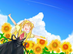 Rule 34 | 00s, 1girl, absurdres, air (visual novel), blonde hair, closed eyes, cloud, contrail, day, flower, from below, highres, kamio misuzu, long hair, outstretched arms, ponytail, school uniform, sky, solo, spread arms, sunflower, tateshina