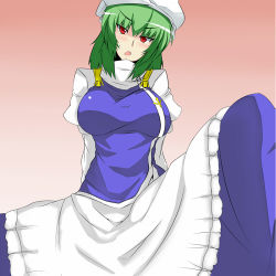 Rule 34 | 1girl, arms behind back, bad id, bad pixiv id, blush, breasts, cosplay, dress, female focus, gradient background, green hair, hat, kazami yuuka, large breasts, letty whiterock, letty whiterock (cosplay), meicha, red eyes, short hair, solo, touhou