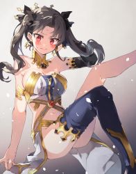 Rule 34 | 1girl, armlet, bare shoulders, black hair, black ribbon, black thighhighs, blush, breasts, chibirisu, cleavage, commentary request, crown, detached sleeves, earrings, fate/grand order, fate (series), floating hair, gradient background, hair ribbon, hand in own hair, highres, hoop earrings, ishtar (fate), jewelry, leg up, long hair, medium breasts, midriff, navel, parted lips, red eyes, ribbon, sideboob, single sleeve, single thighhigh, sitting, solo, sweat, thighhighs, tohsaka rin, two side up